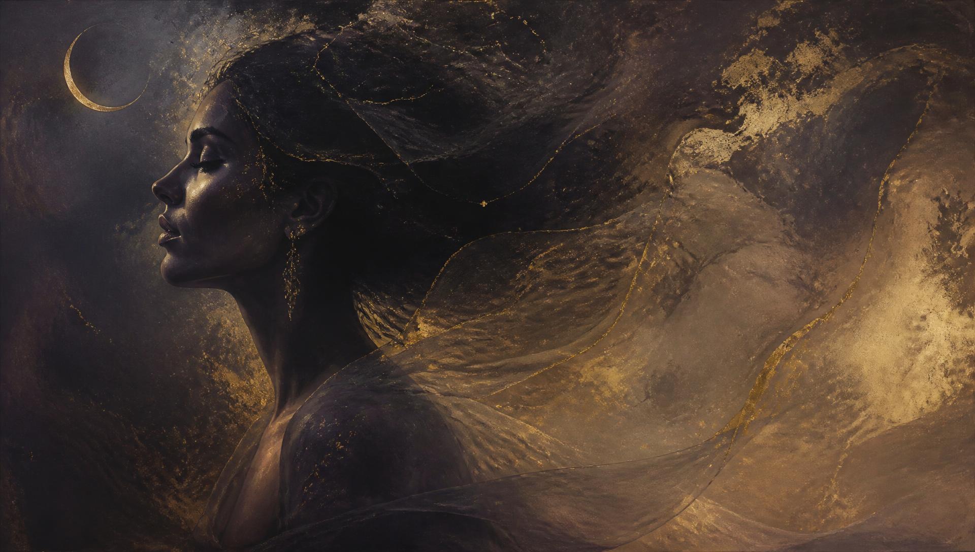 A woman in profile dissolving into gold light and drifting stars